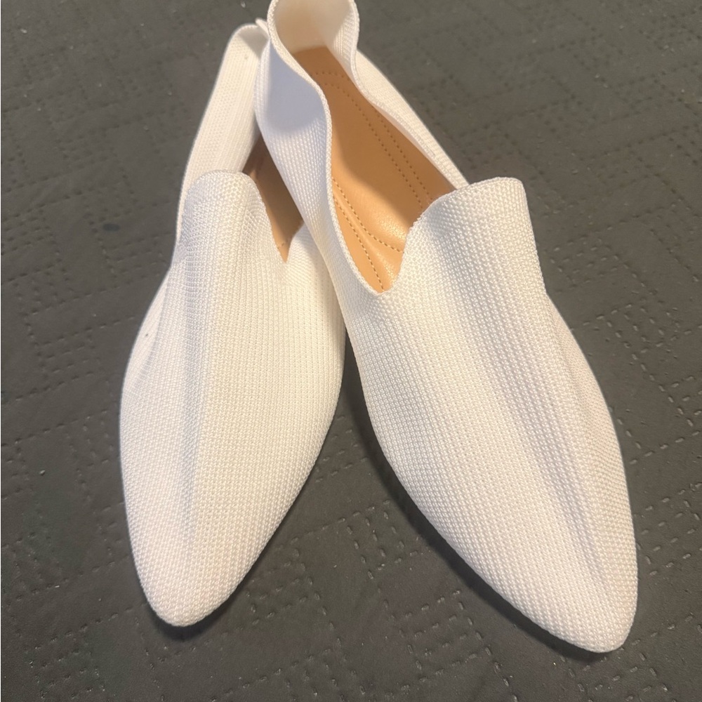 White Textured Knit Loafers